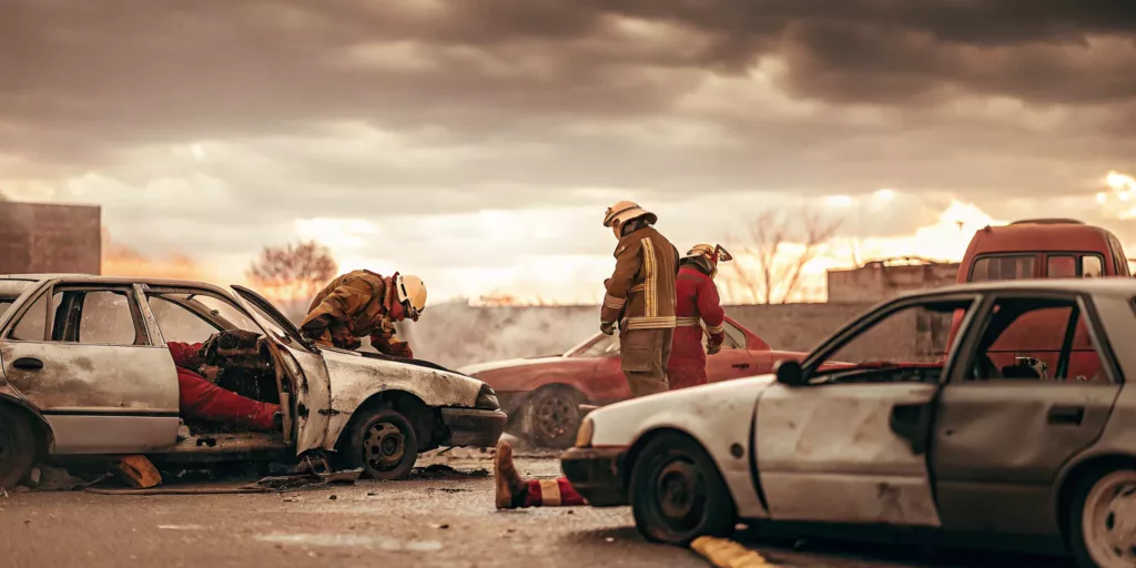 Car accident scene with emergency responders responding to a catastrophic crash