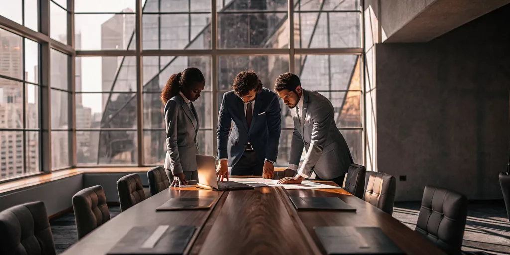 Class action lawyers strategizing over case documents in a conference room.